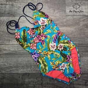 Coastal Blue Strappy Back Floral One Piece Swimsuit Size S